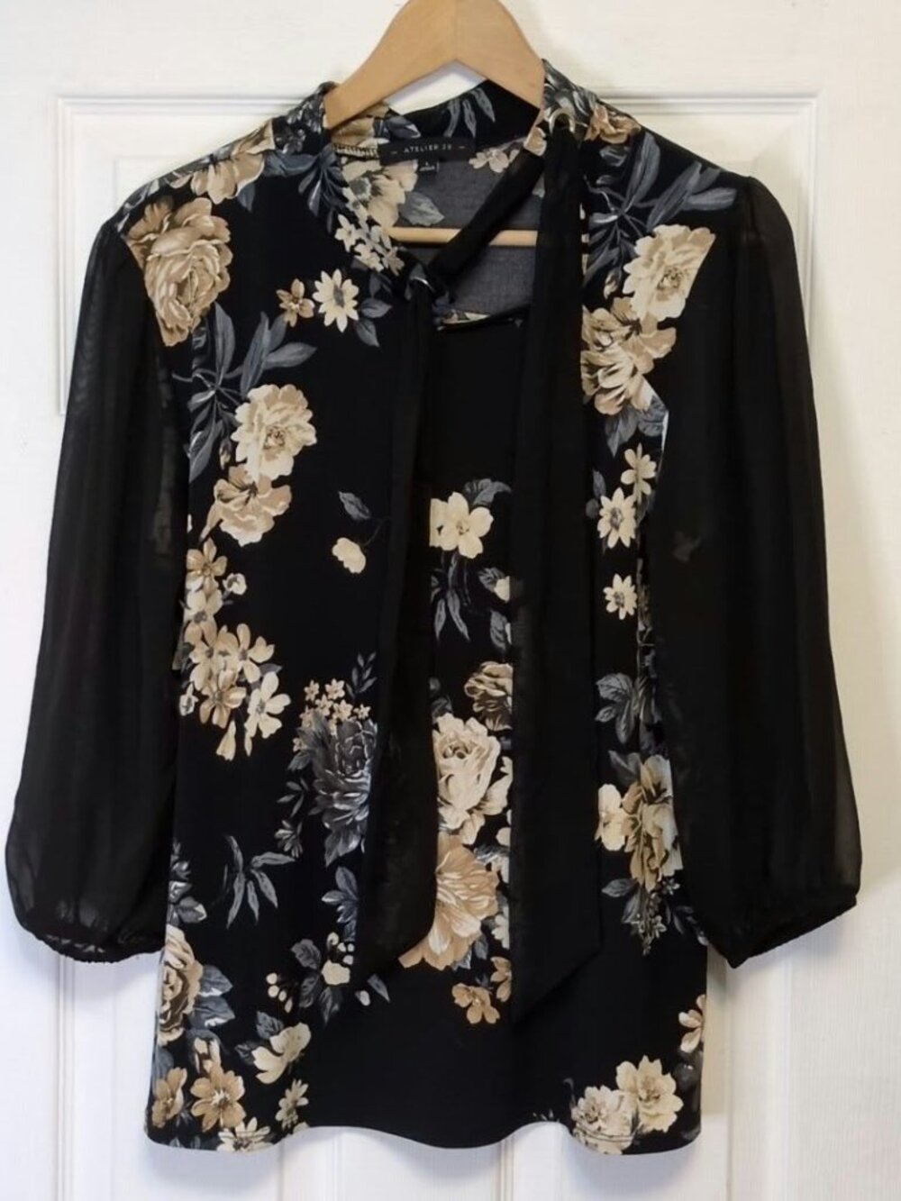 Atelier 29 Black Floral Asym Tie Neck  Blouse Sheer 3/4 Sleeve Edgy Fairy Sz L
